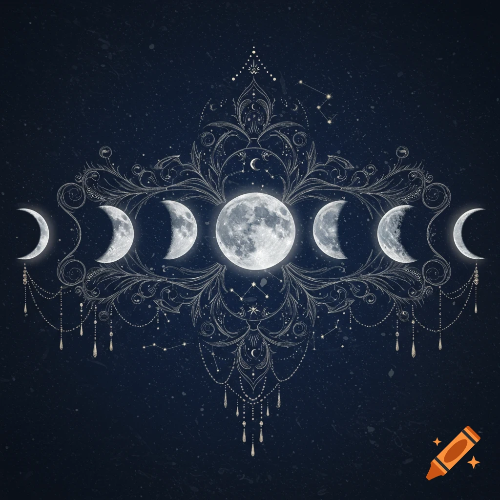 Ornate celestial design showing moon phases against a starry dark blue background with decorative silver linework.