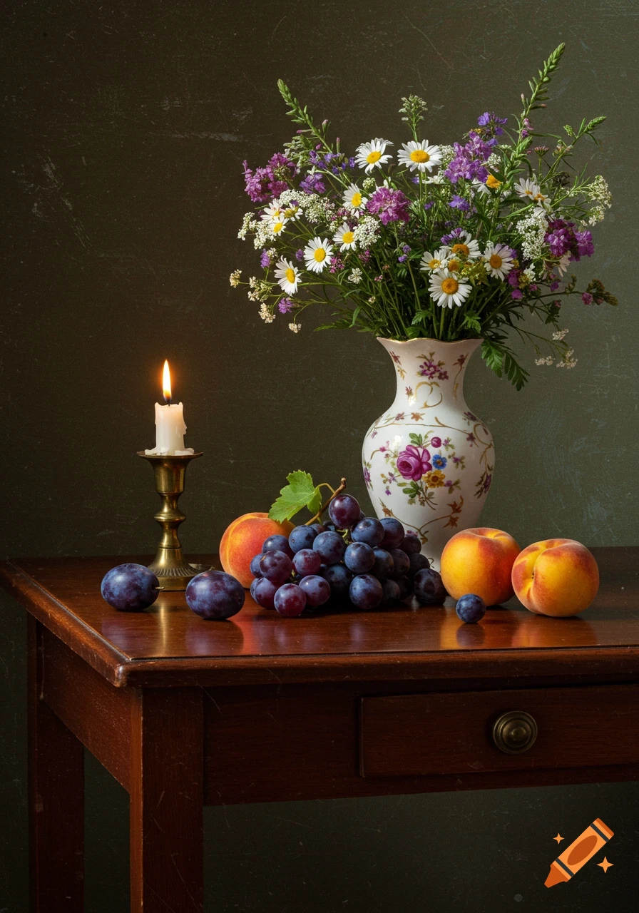 A still life of wildflowers in a vase, grapes, peaches, plums, and a lit candle on a wooden table, in the style of an old oil painting.