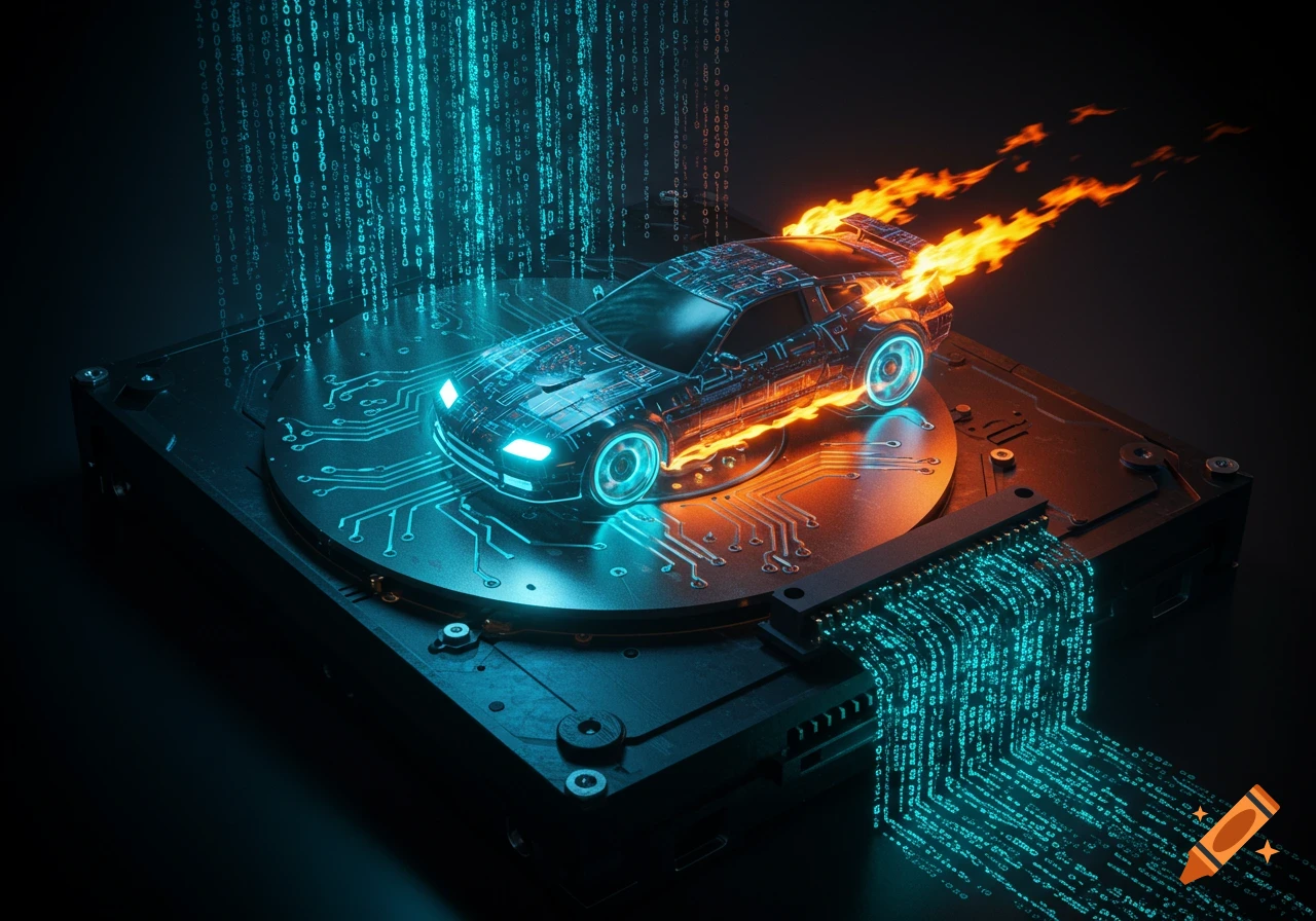 A futuristic glowing car on a computer hard drive, with binary code flowing around it and fire from the exhaust, in a dark, high-tech style.