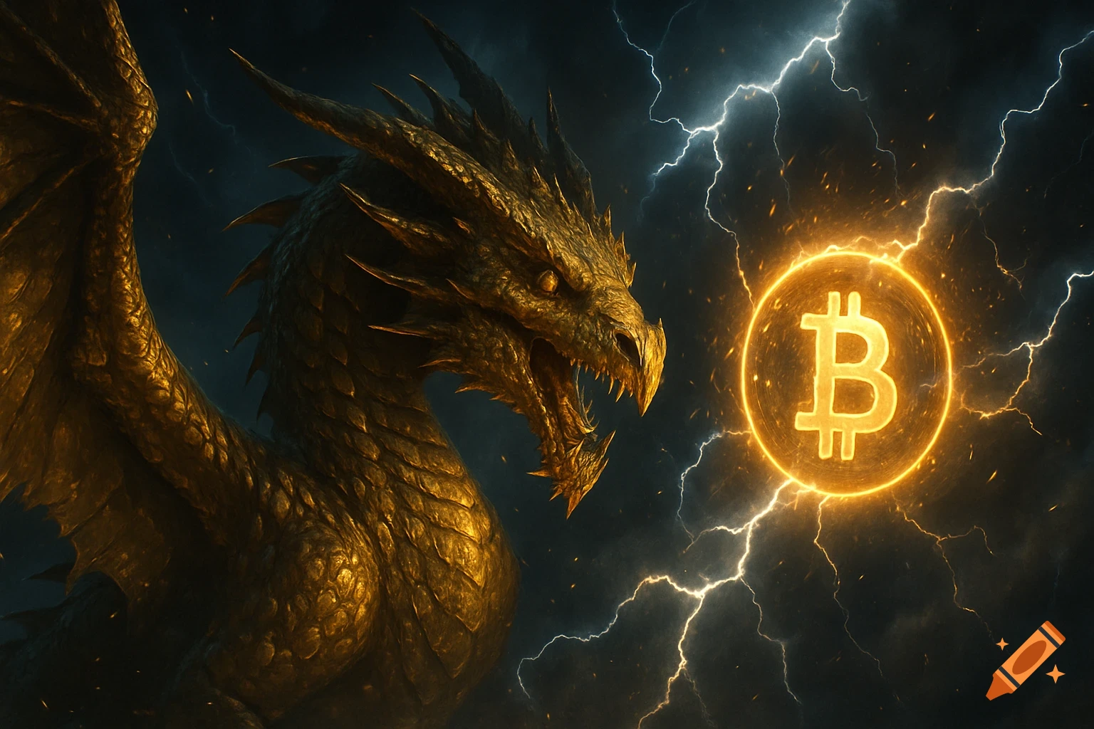 A detailed golden dragon with wings roars against a stormy sky with lightning, looking at a glowing orange Bitcoin logo.