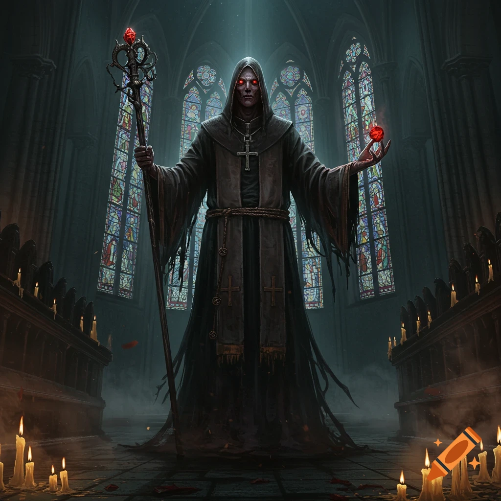A menacing hooded figure with glowing red eyes stands in a dark gothic church, holding a staff and a glowing red orb.