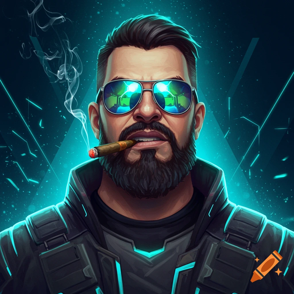 A stylized portrait of a bearded man with sunglasses and a cigar, wearing a futuristic jacket, against a neon blue background.