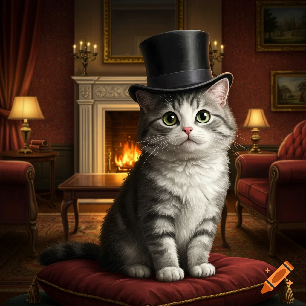 A cute grey and white tabby cat wearing a black top hat sits on a red velvet cushion in a grand, ornate room with a lit fireplace. Digital painting.