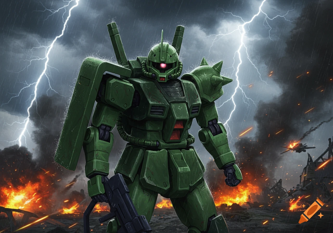 A green Zaku II mech stands on a fiery battlefield under a stormy sky with lightning.