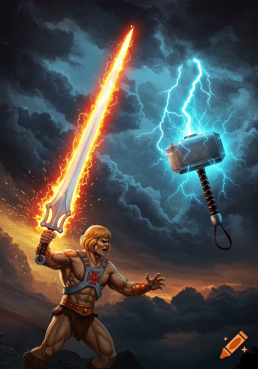 He-Man holding a glowing sword, with Thor's hammer and lightning in a stormy sky, comic art style.