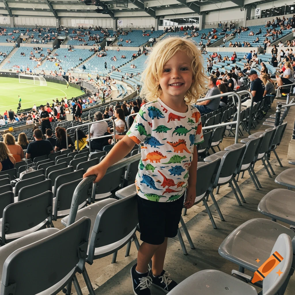 A smiling child with blonde hair and a dinosaur shirt leans on a rail in a stadium, with a crowd in the background.