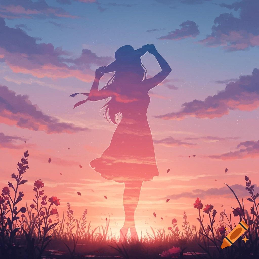 Silhouette of a woman holding a hat in a field at sunset with a vibrant sky.