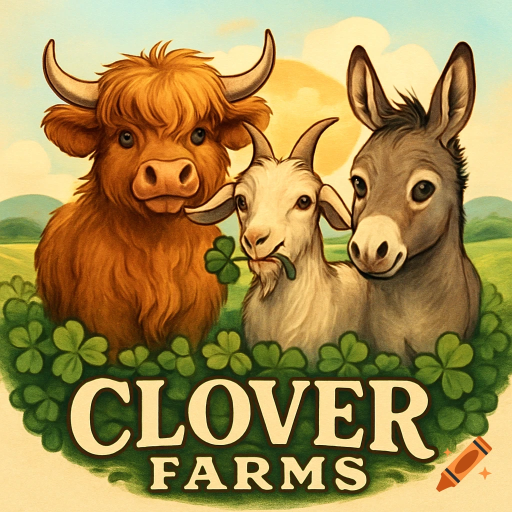 Cartoon illustration of a Highland cow, a goat eating clover, and a donkey in a field of clovers, with 'CLOVER FARMS' text below.