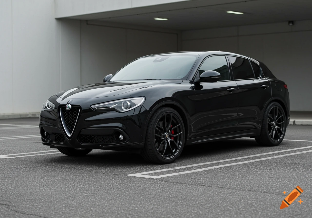 A black Alfa Romeo SUV with gunmetal metallic wheels parked in a parking lot.