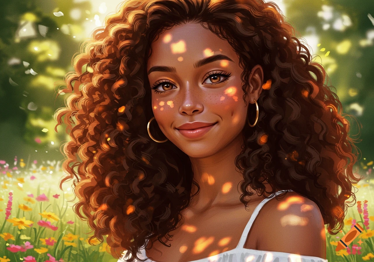 Stylized illustration of a smiling woman with long brown curly hair, dimples, and freckles, in a sunny outdoor field with wildflowers.