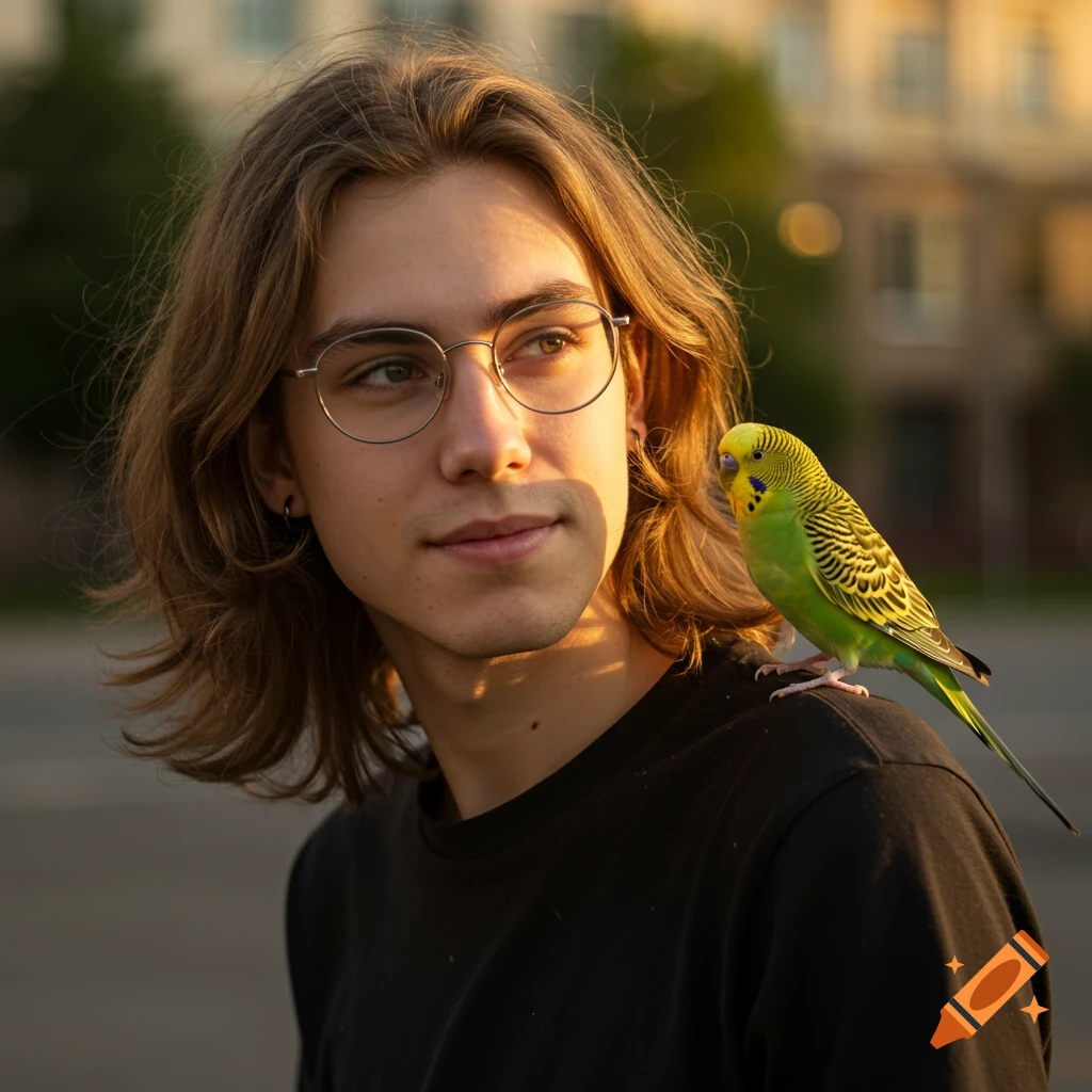 A young man with long hair and glasses looks to the side with a green parakeet on his shoulder in golden hour sunlight.