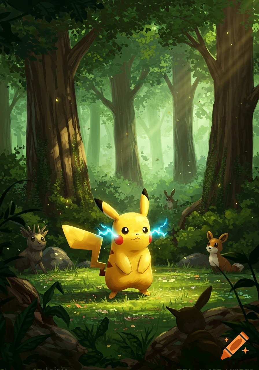 Pikachu with blue electricity around its cheeks stands in a lush, sunlit forest with other small creatures.