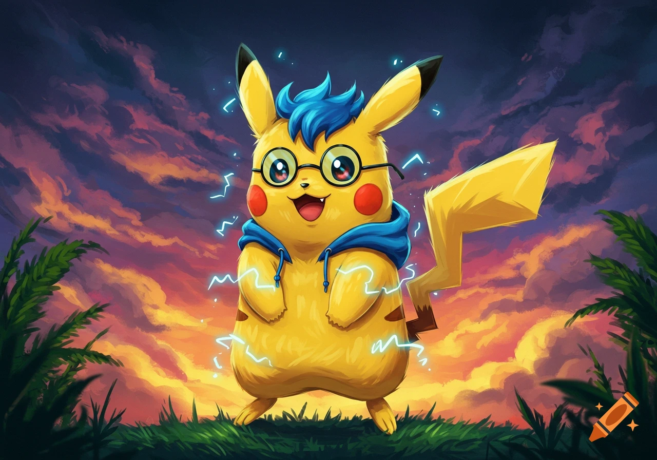 A cartoon fusion character resembling Pikachu with blue hair, glasses, and a blue hoodie, surrounded by lightning, standing on grass against a sunset sky.