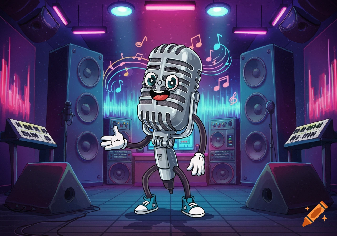 A happy cartoon microphone character stands in a neon-lit music studio with synthesizers and speakers, surrounded by musical notes.