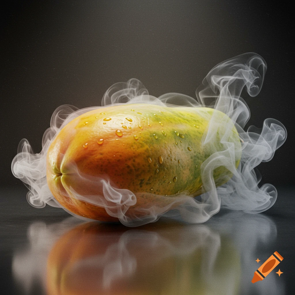 A close-up, photorealistic image of a vibrant, ripe papaya with water droplets, enveloped in wisps of white smoke, sitting on a reflective dark surface.