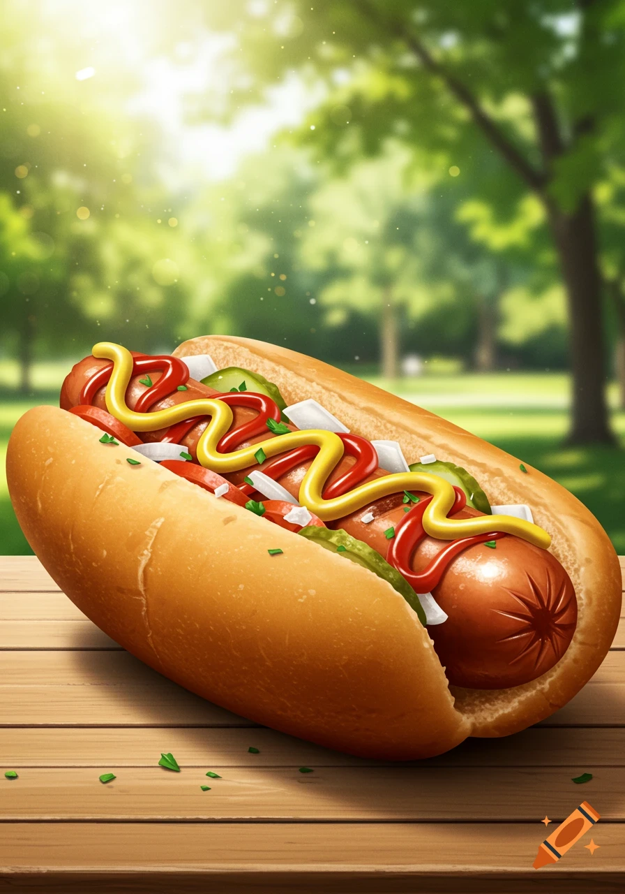 A close-up of a hot dog with ketchup, mustard, onions, and pickles on a wooden table in a sunny park.