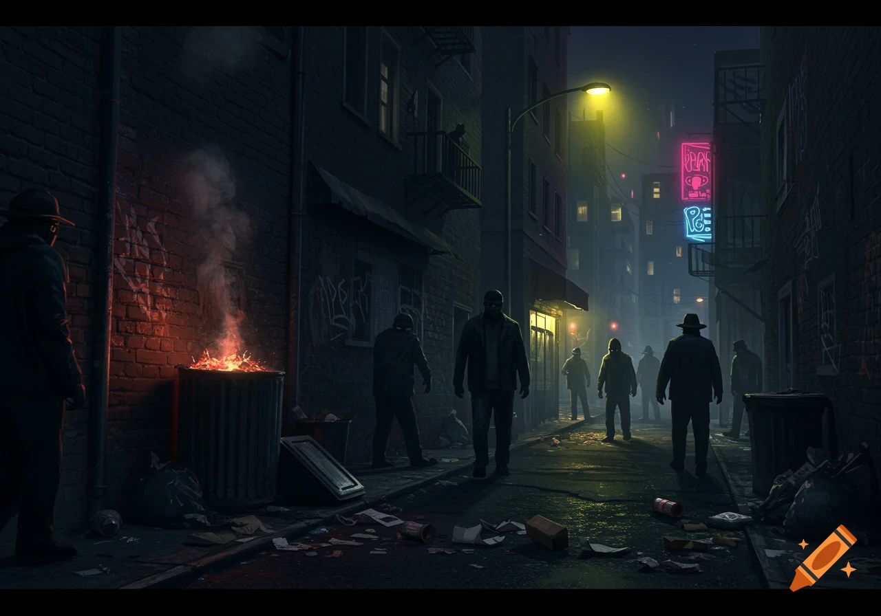 A group of men walk down a dark, grimy urban alley at night with a trash can fire, neon signs, and graffiti.
