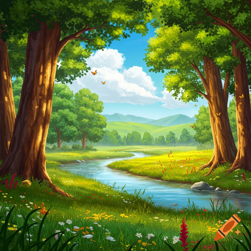 Vibrant, stylized landscape with a river flowing through a sunlit wildflower field, framed by large trees and distant mountains, with butterflies.