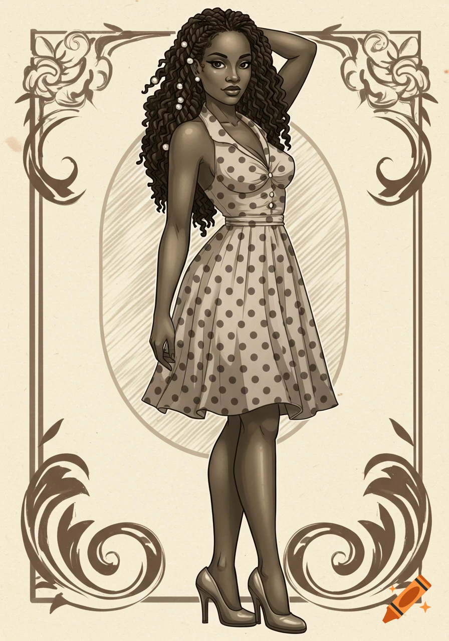 Sepia-toned drawing of an African American pinup girl in a polka dot dress with braided hair, standing in a decorative frame.