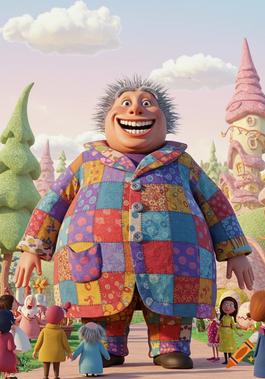 A giant, smiling, disheveled man in a colorful patchwork suit stands on a path, looking down at smaller people in a whimsical, animated world.