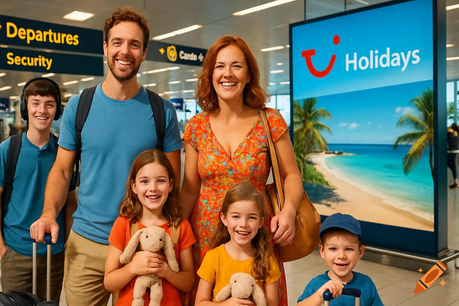 A smiling family of five, including parents, two daughters, and a son, stands in an airport terminal with luggage, next to a large TUI Holidays sign showing a beach. Photorealistic style.