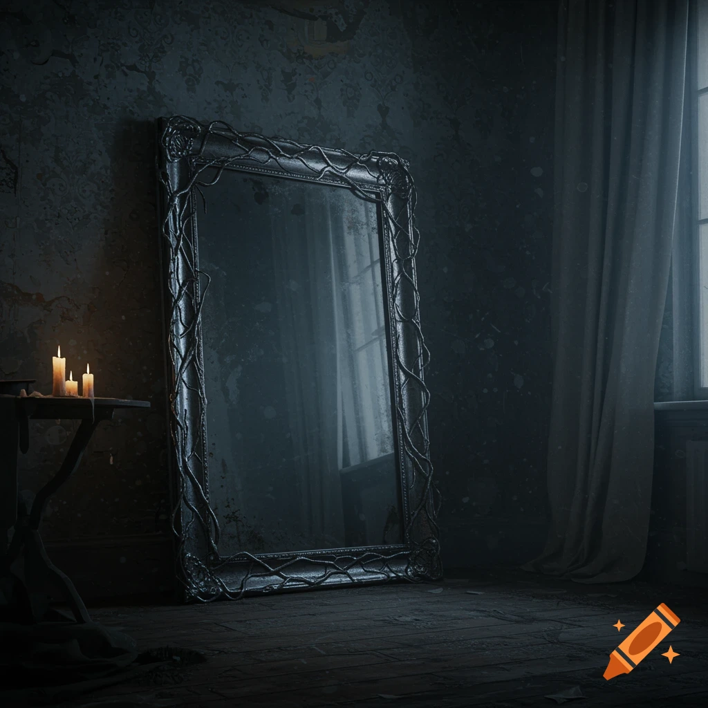 A large, ornate, dark mirror stands in a dimly lit, eerie room with lit candles on a table and a window. Photorealistic style.