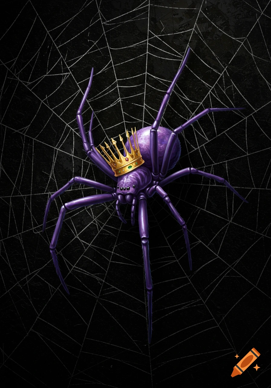 A purple spider wearing a gold crown sits on a spider web against a dark, textured background.