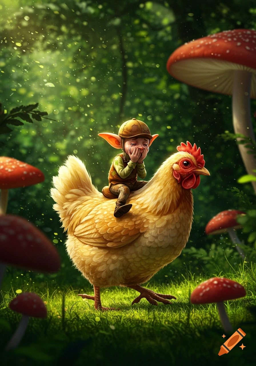 A small, crying goblin-like creature rides a large golden chicken through a sunlit, magical forest with red mushrooms.