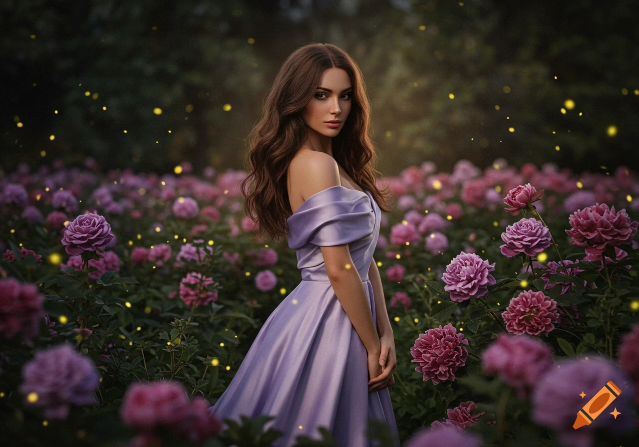 A beautiful woman in a flowing lavender dress stands in a magical garden filled with pink and purple roses and sparkling lights.