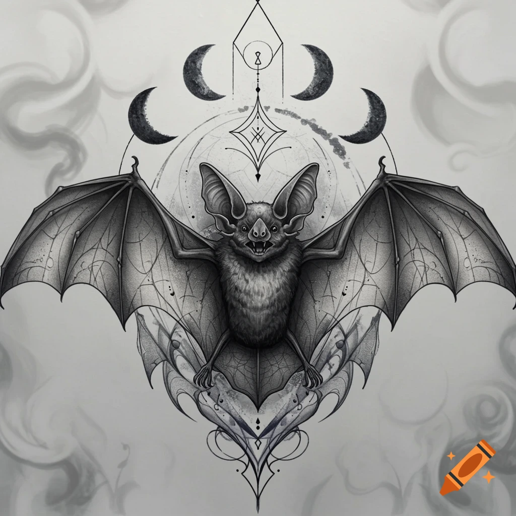 A detailed black and white illustration of a bat with outstretched wings, surrounded by celestial and geometric designs, in a tattoo style.