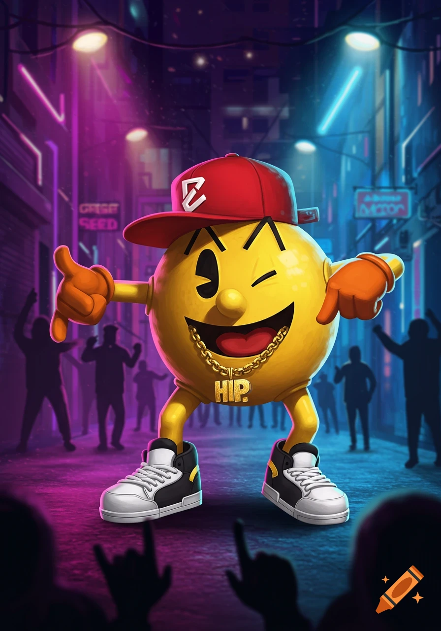 Stylized Pac-Man as a rapper, winking and giving a thumbs-down, wearing a red cap and a gold 'HIP' chain in a neon-lit alley.