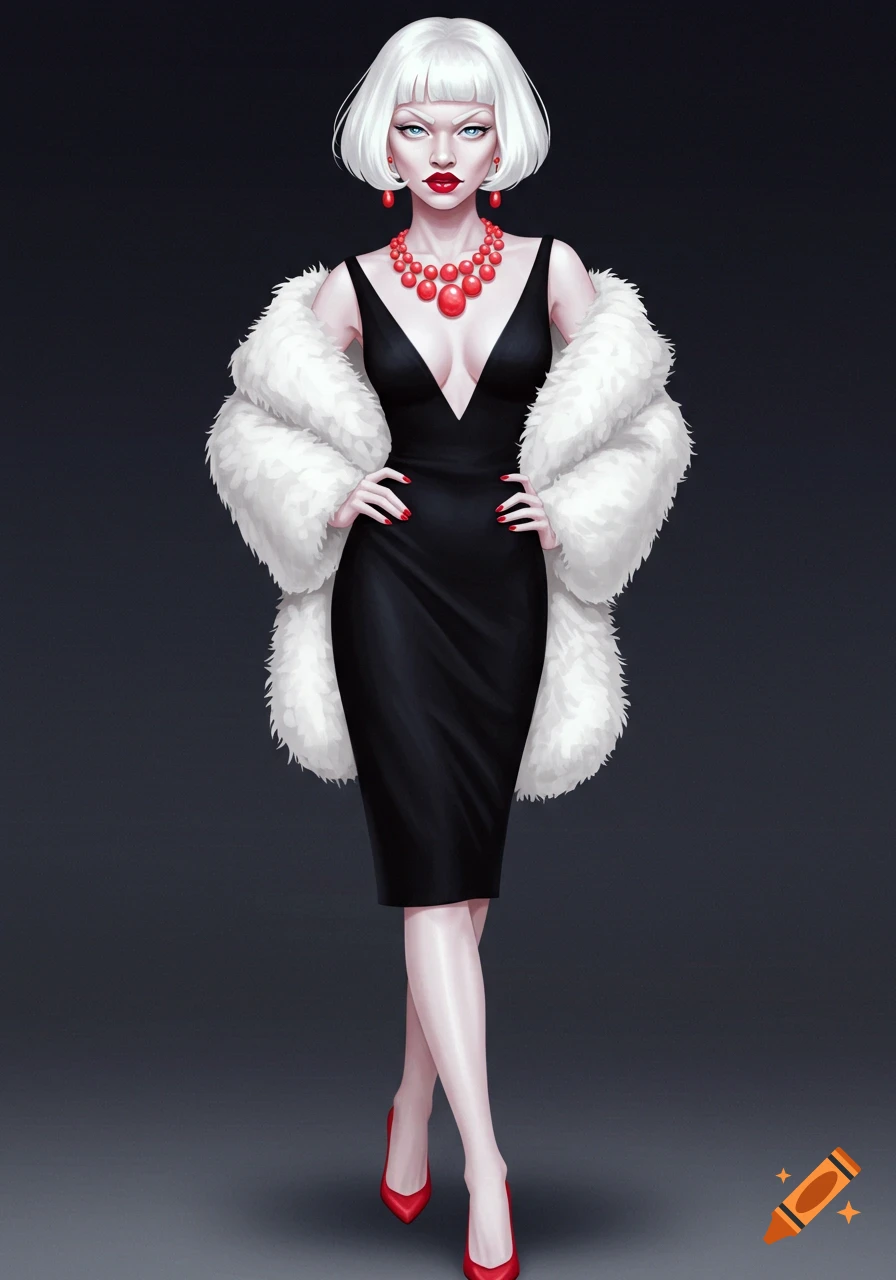 An illustration of a woman with white hair in a black dress, white fur coat, red heels, and a red necklace, scowling.