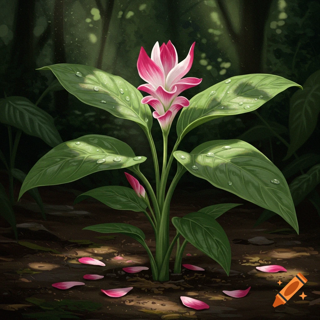 A vibrant pink and white flower with green leaves and water droplets in a dark, sunlit forest, with fallen petals on the ground.