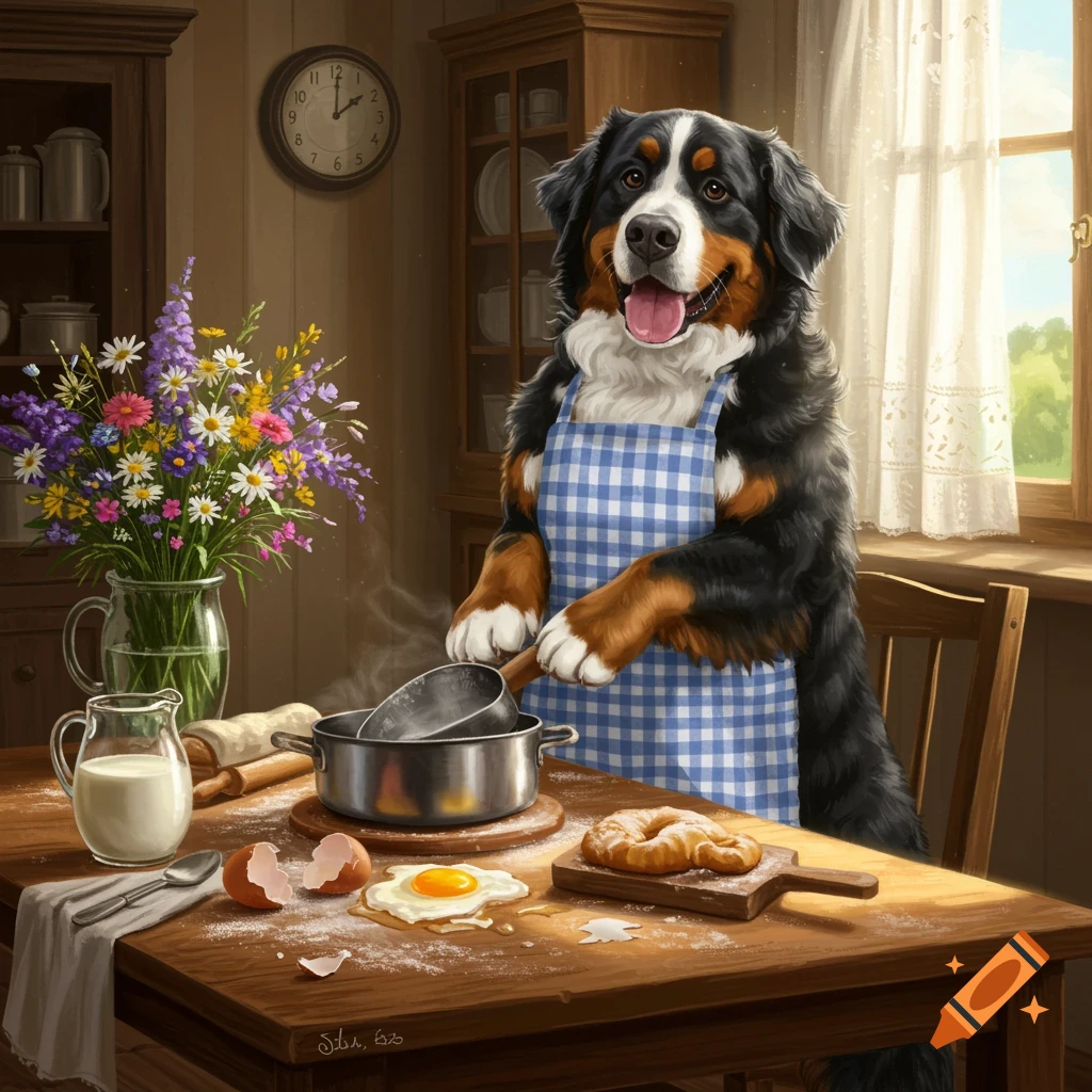 A smiling Bernese mountain dog in a blue plaid apron stirs a pot on a wooden table, preparing breakfast.