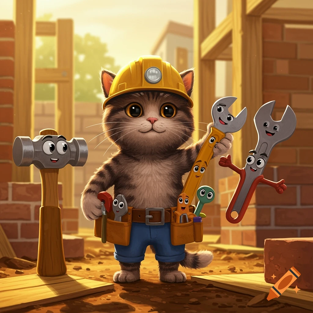 A cute cartoon cat wearing a hard hat and tool belt, holding a wrench, standing at a construction site with smiling animated tools.