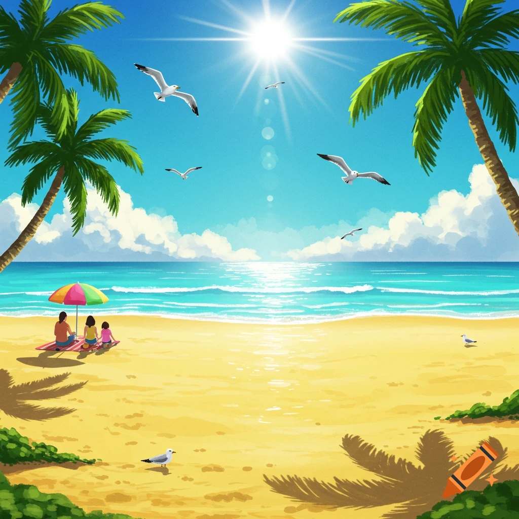 A vibrant illustration of a sunny beach with palm trees, a family under an umbrella, seagulls, and clear blue ocean.