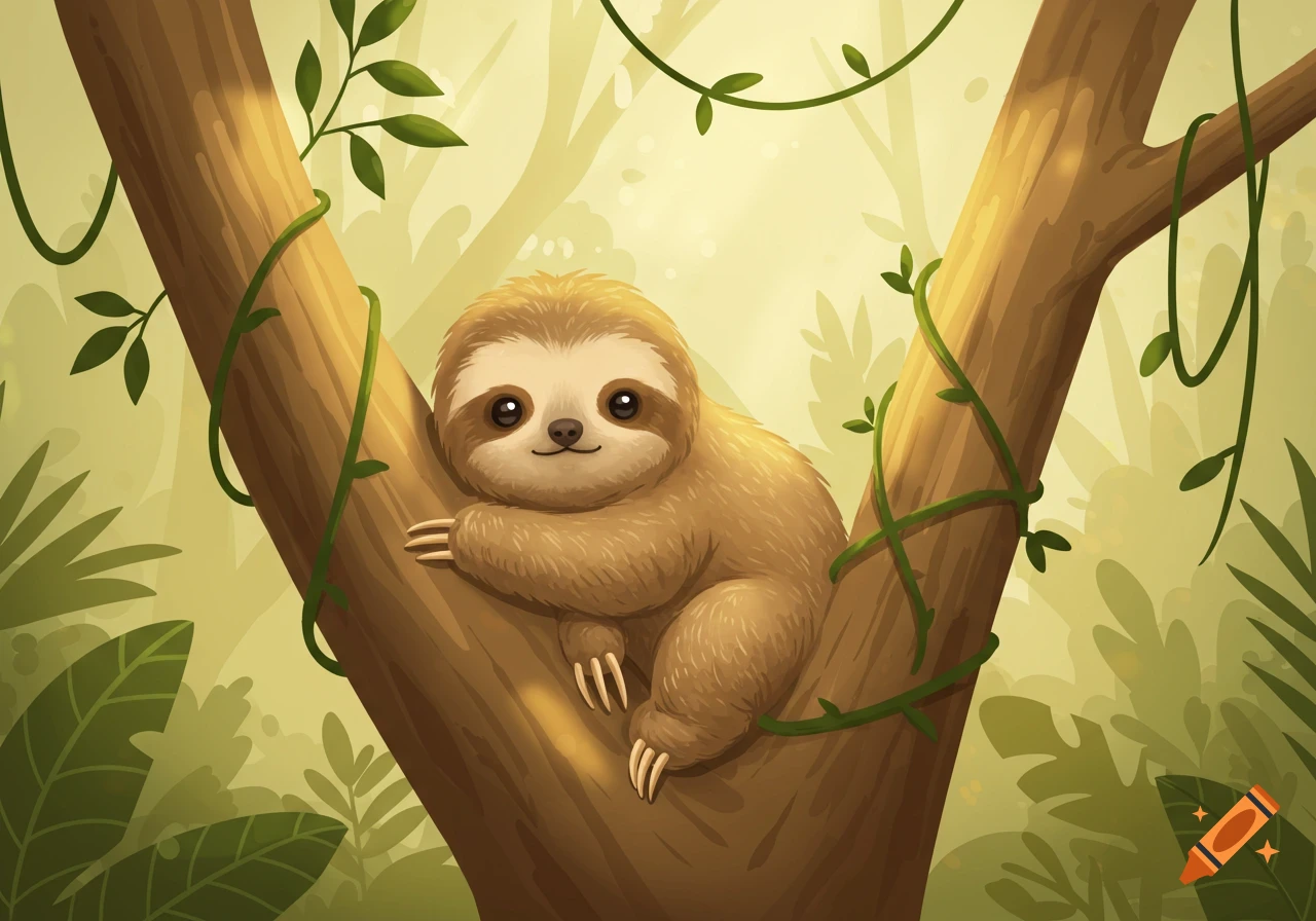 A cute baby sloth sits smiling in a tree, surrounded by green vines and leaves, in a warm-toned vector art style.