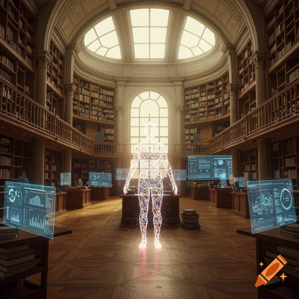 A glowing wireframe human figure stands in a grand library surrounded by holographic screens displaying data.