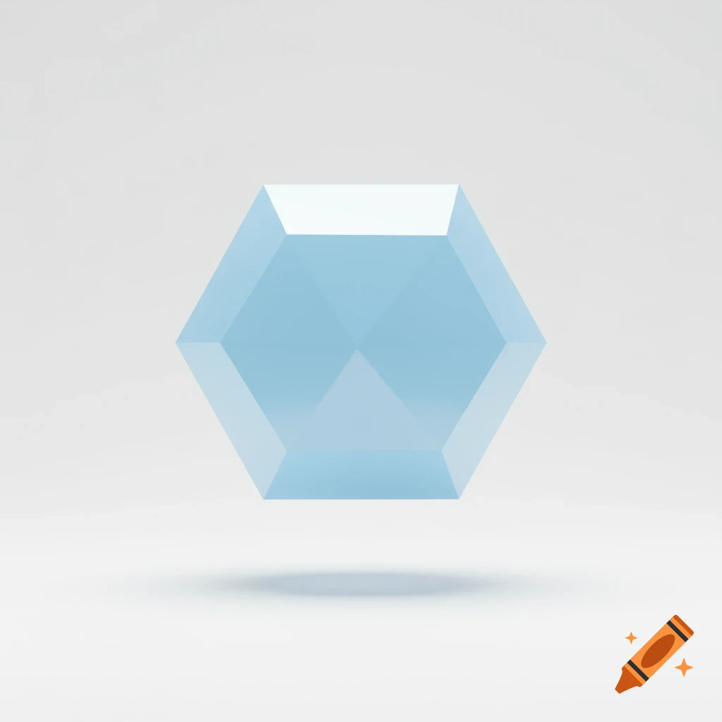 A light blue faceted hexagon floats above a white surface, casting a subtle shadow.