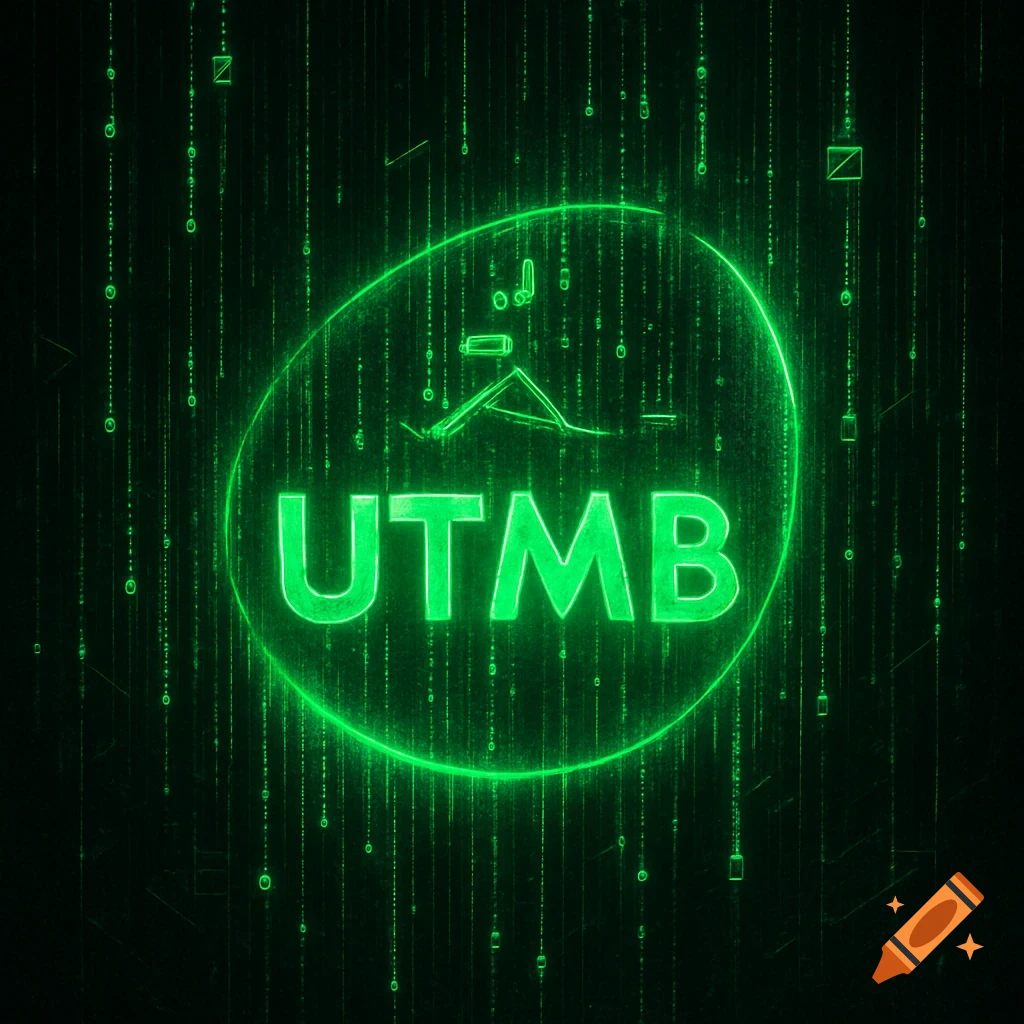 UTMB logo rendered in a neon green Matrix-style with falling digital code against a dark background.