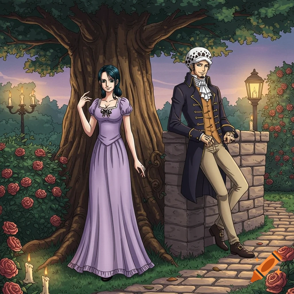 Anime characters Nico Robin and Trafalgar Law in elegant period attire stand in a rose garden at dusk.