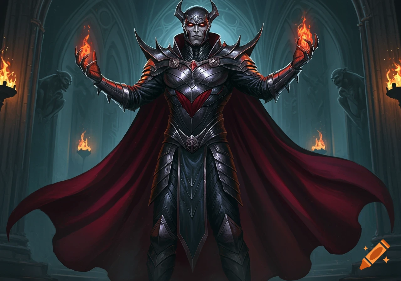 A dark fantasy supervillain in elaborate black and red armor with a red cape, horns, and glowing red eyes, holding fiery orbs in a gothic castle.