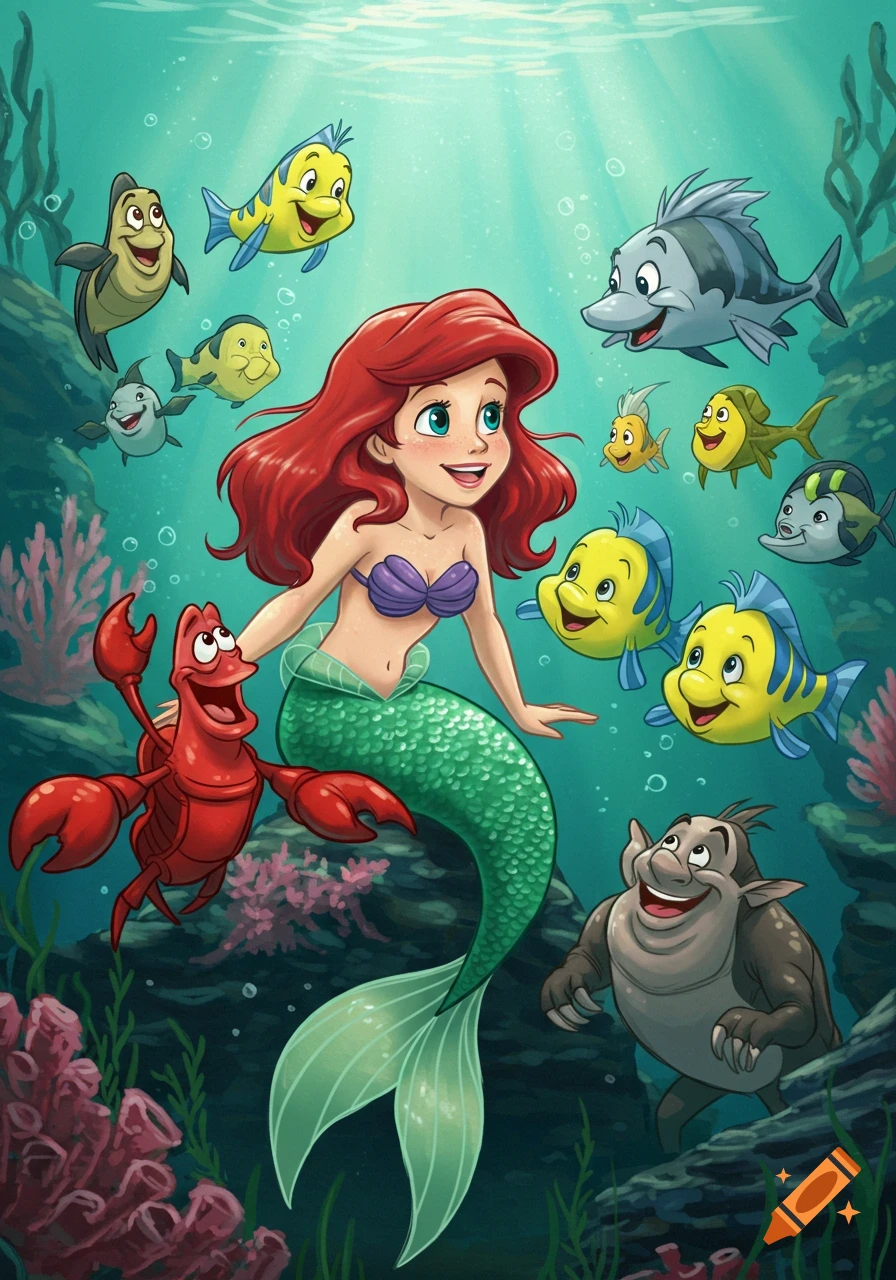 Princess Ariel with red hair and a green tail smiles underwater, surrounded by Flounder, Sebastian, and other cheerful cartoon sea creatures among coral and rocks.