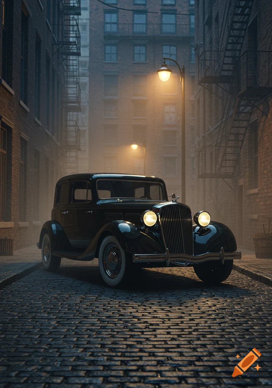 A vintage black car is parked on a cobblestone street in a foggy, dark city alley, illuminated by glowing streetlights.