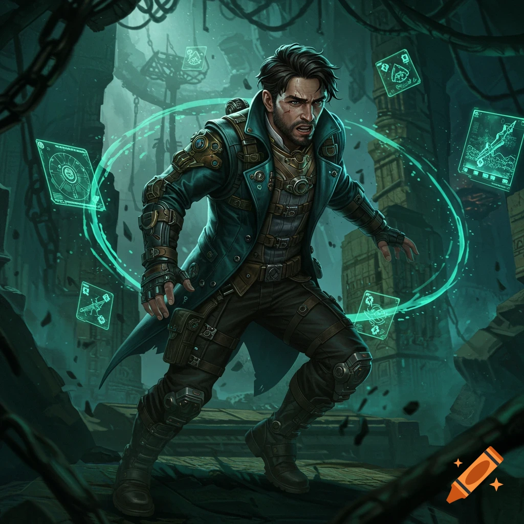A man in a long coat and boots stands in a dark, ruined city surrounded by glowing green holographic cards, in a detailed fantasy art style.