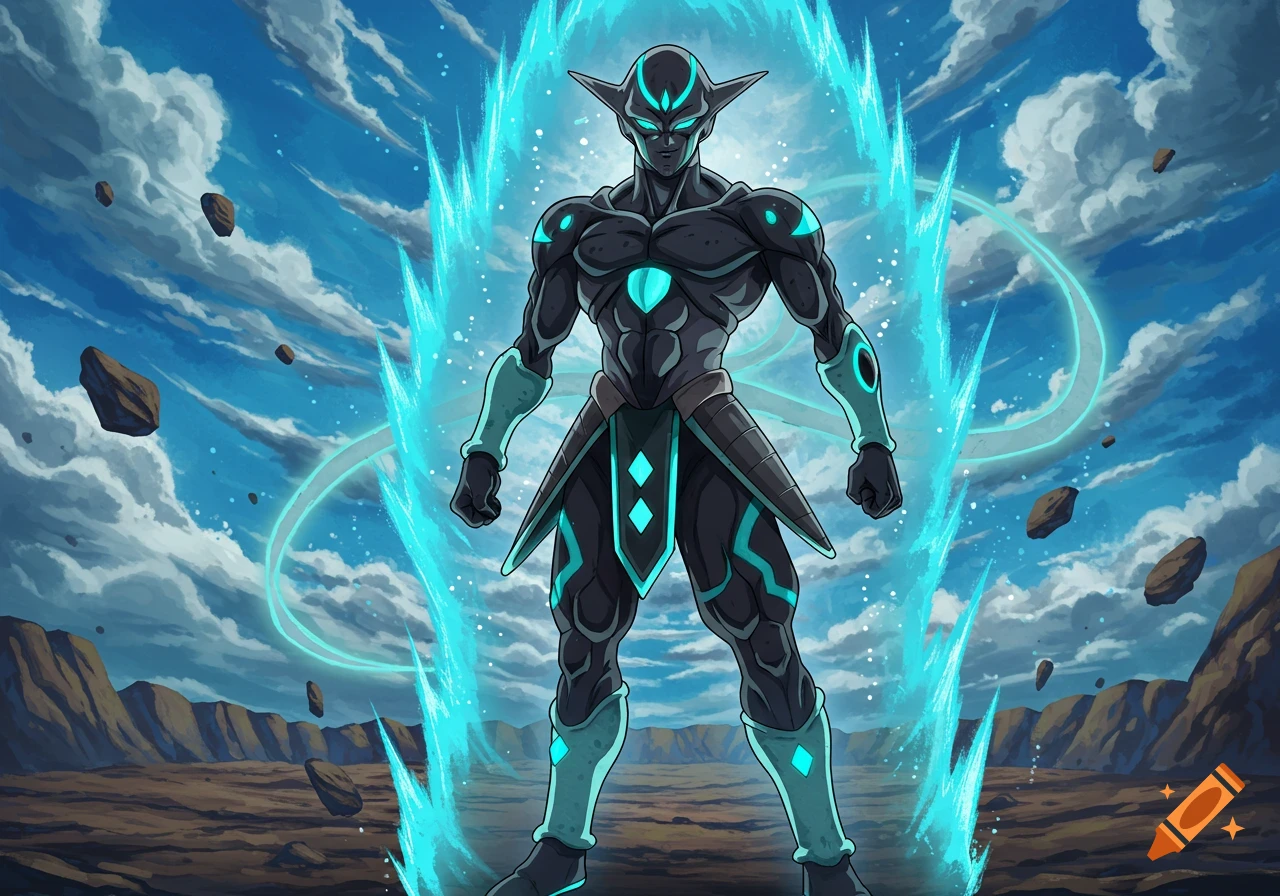 A powerful dark grey and blue alien character glows with a bright blue aura, standing in a rocky landscape under a cloudy sky in anime style.