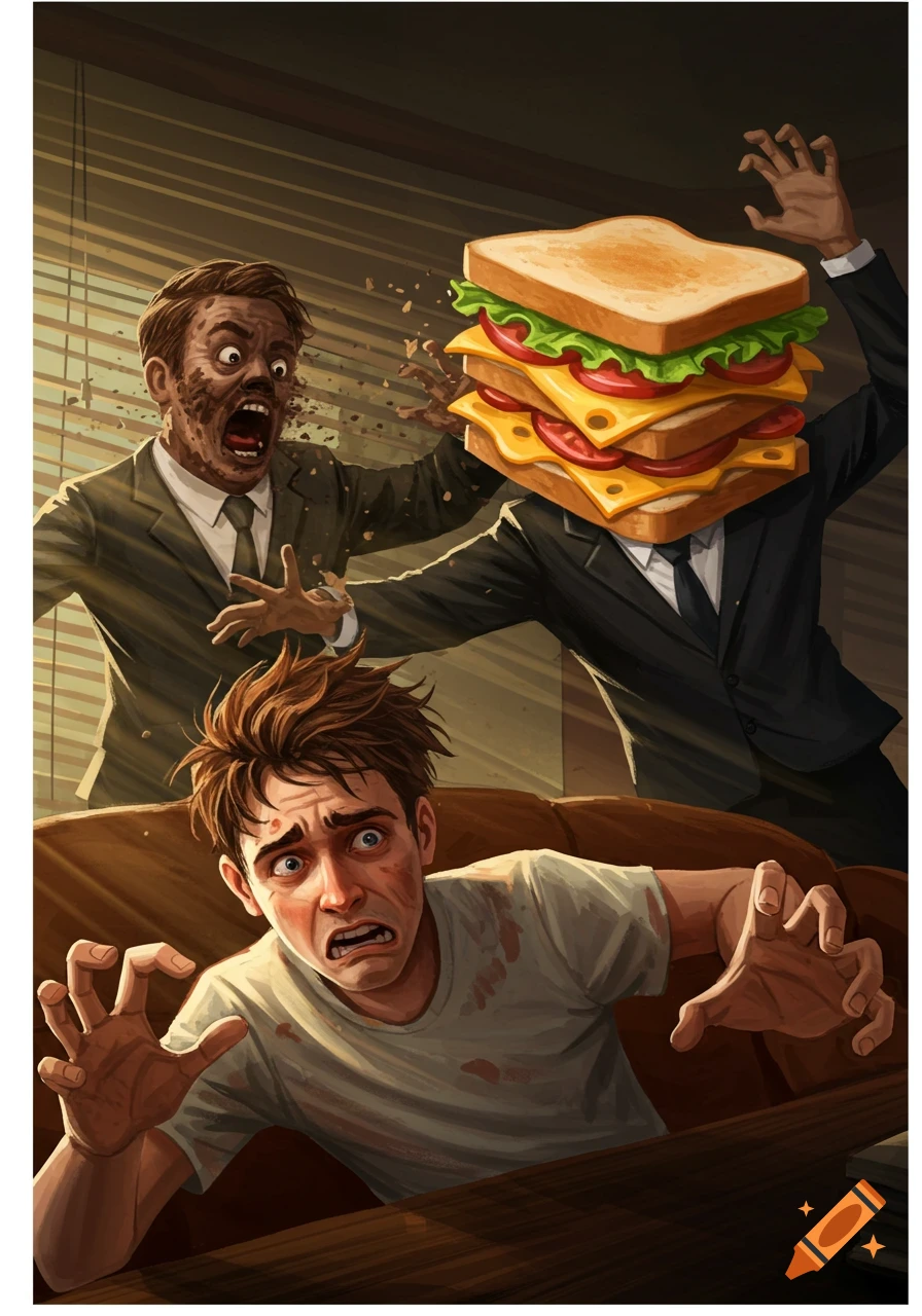A man recoils in horror from two attacking men, one with a dirt-covered face and the other with a large sandwich for a head, in a dramatic illustration.