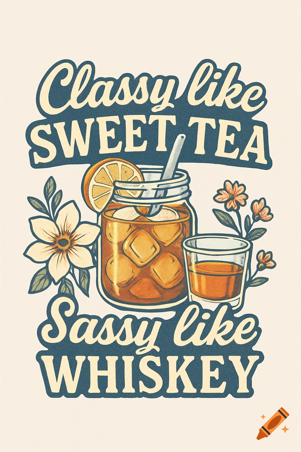 A retro-style graphic with text 'Classy like SWEET TEA' above a mason jar of iced tea and a lemon slice, and 'Sassy like WHISKEY' below a whiskey glass, surrounded by flowers.