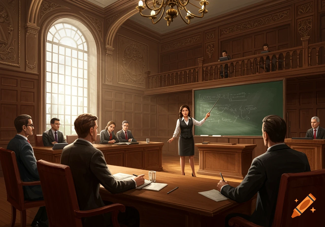 A woman teacher points at a blackboard with gibberish writing while teaching several men in suits seated at tables in a formal, wood-paneled council house.