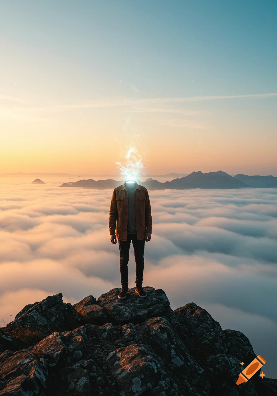 A man stands on a rocky mountain peak above a sea of clouds at sunset, with a glowing light where his head should be.